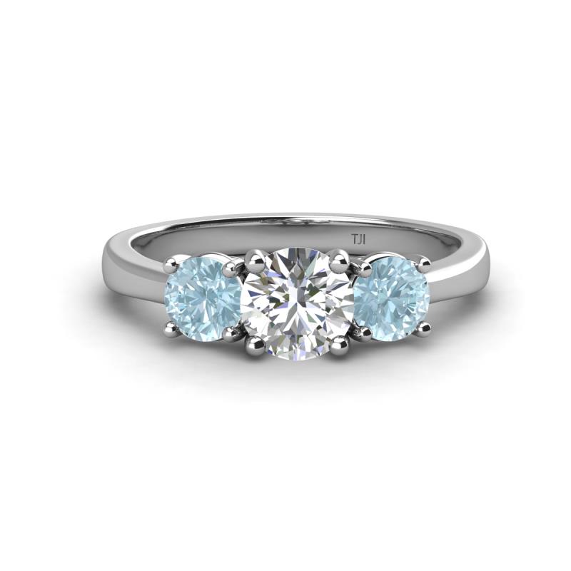 Quyen GIA Certified 1.80 ctw (6.50 mm) Round Natural Diamond and Aquamarine Three Stone Engagement Ring 