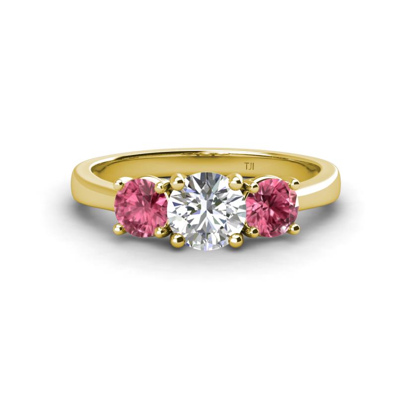 Quyen GIA Certified 1.80 ctw (6.50 mm) Round Natural Diamond and Pink Tourmaline Three Stone Engagement Ring 