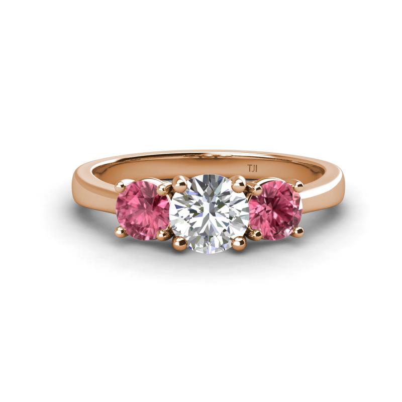 Quyen GIA Certified 1.80 ctw (6.50 mm) Round Natural Diamond and Pink Tourmaline Three Stone Engagement Ring 