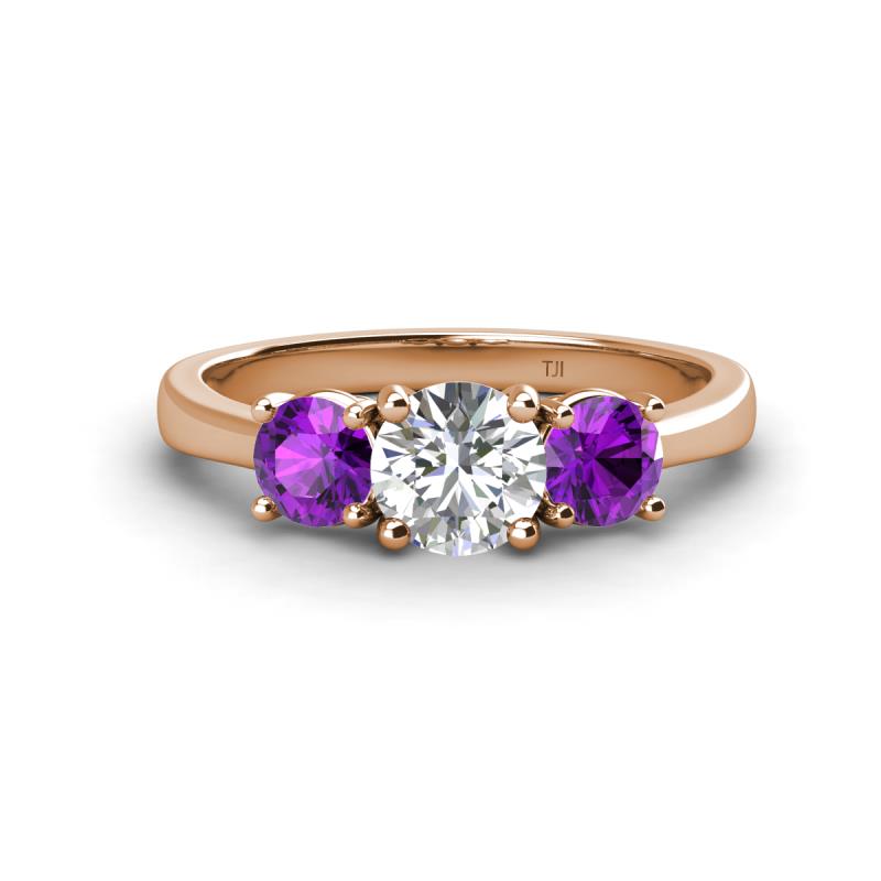 Quyen GIA Certified 1.80 ctw (6.50 mm) Round Natural Diamond and Amethyst Three Stone Engagement Ring 
