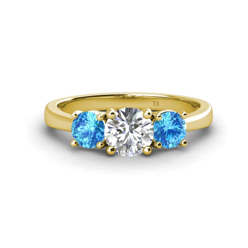 Quyen GIA Certified 2.00 ctw (6.50 mm) Round Natural Diamond and Blue Topaz Three Stone Engagement Ring 