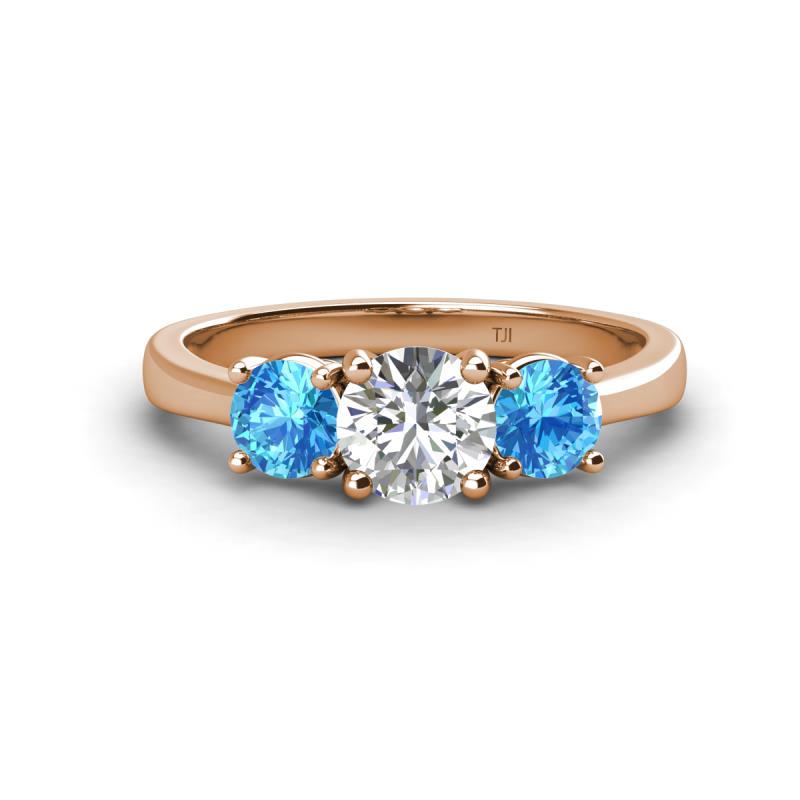 Quyen GIA Certified 2.00 ctw (6.50 mm) Round Natural Diamond and Blue Topaz Three Stone Engagement Ring 