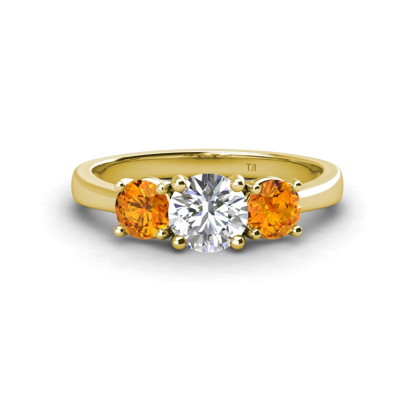 Quyen GIA Certified 1.80 ctw (6.50 mm) Round Natural Diamond and Citrine Three Stone Engagement Ring 