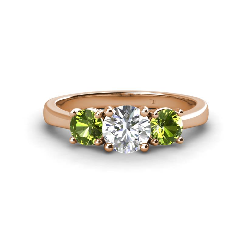 Quyen GIA Certified 2.00 ctw (6.50 mm) Round Natural Diamond and Peridot Three Stone Engagement Ring 