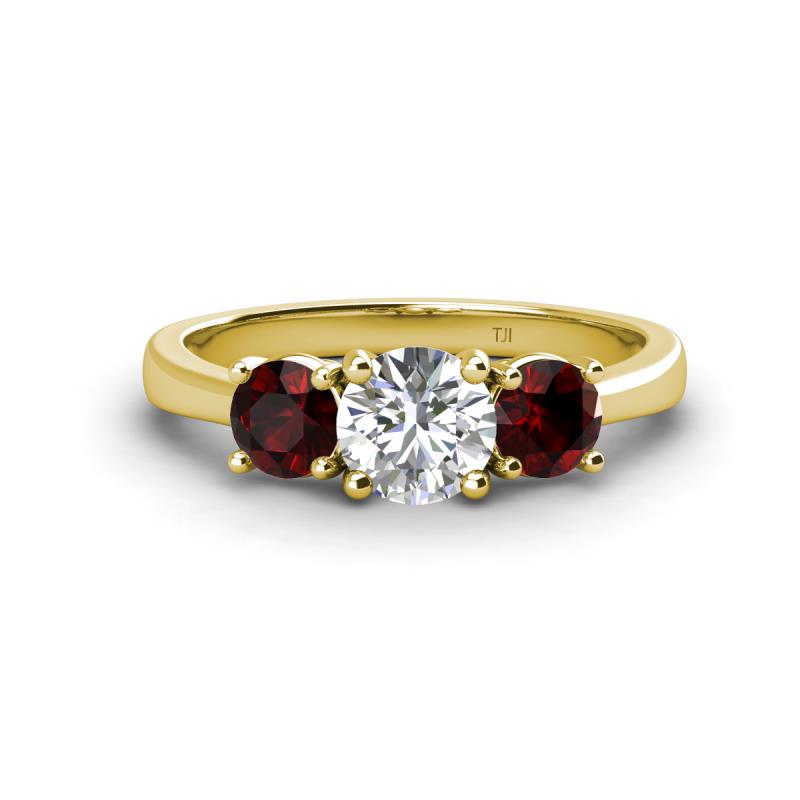 Quyen GIA Certified 2.26 ctw (6.50 mm) Round Natural Diamond and Red Garnet Three Stone Engagement Ring 