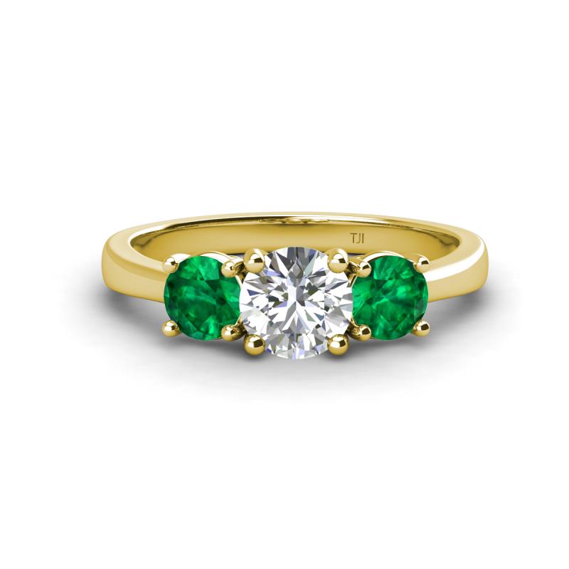 Quyen GIA Certified 1.80 ctw (6.50 mm) Round Natural Diamond and Emerald Three Stone Engagement Ring 