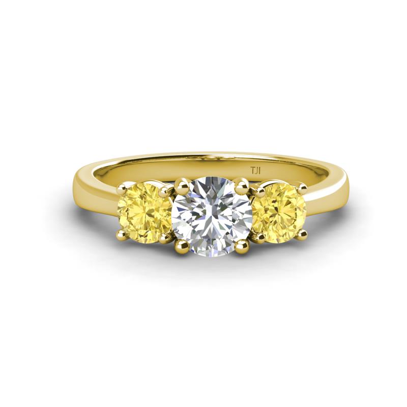Quyen GIA Certified 2.06 ctw (6.50 mm) Round Natural Diamond and Yellow Sapphire Three Stone Engagement Ring 