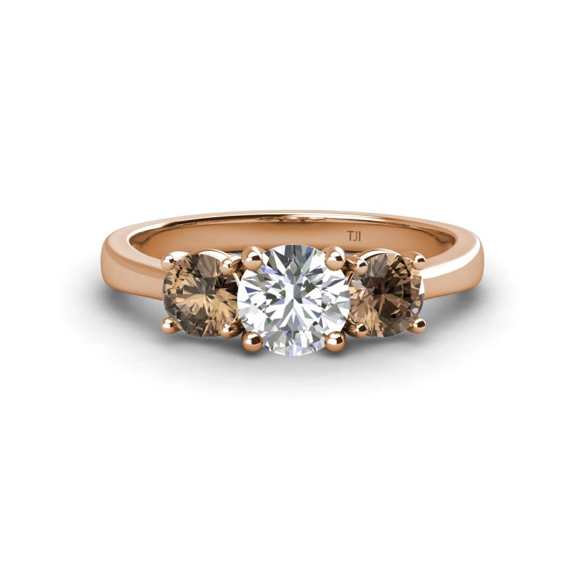 Quyen GIA Certified 1.95 ctw (6.50 mm) Round Natural Diamond and Smoky Quartz Three Stone Engagement Ring 