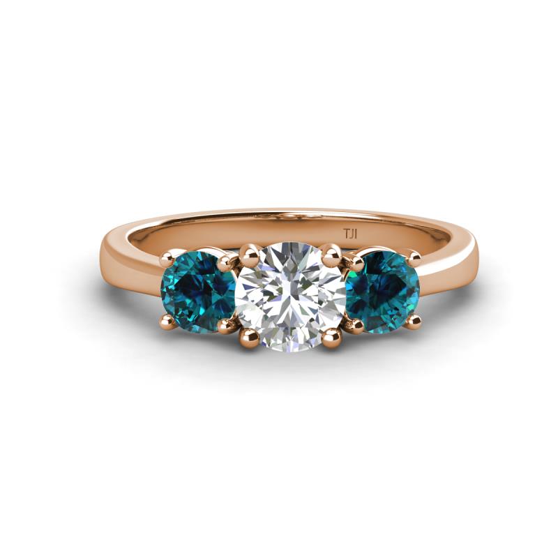 Quyen GIA Certified 2.00 ctw (6.50 mm) Round Natural Diamond and Blue Diamond Three Stone Engagement Ring 