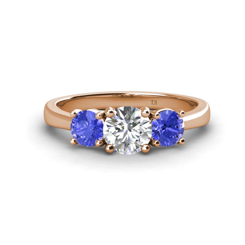 Quyen GIA Certified 1.94 ctw (6.50 mm) Round Natural Diamond and Tanzanite Three Stone Engagement Ring 