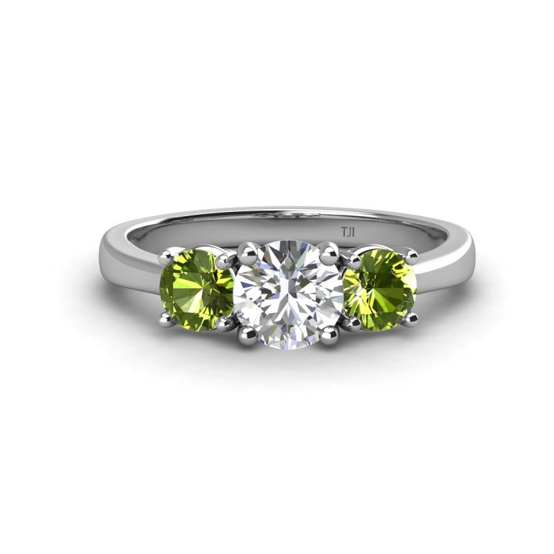 Quyen GIA Certified 2.00 ctw (6.50 mm) Round Natural Diamond and Peridot Three Stone Engagement Ring 