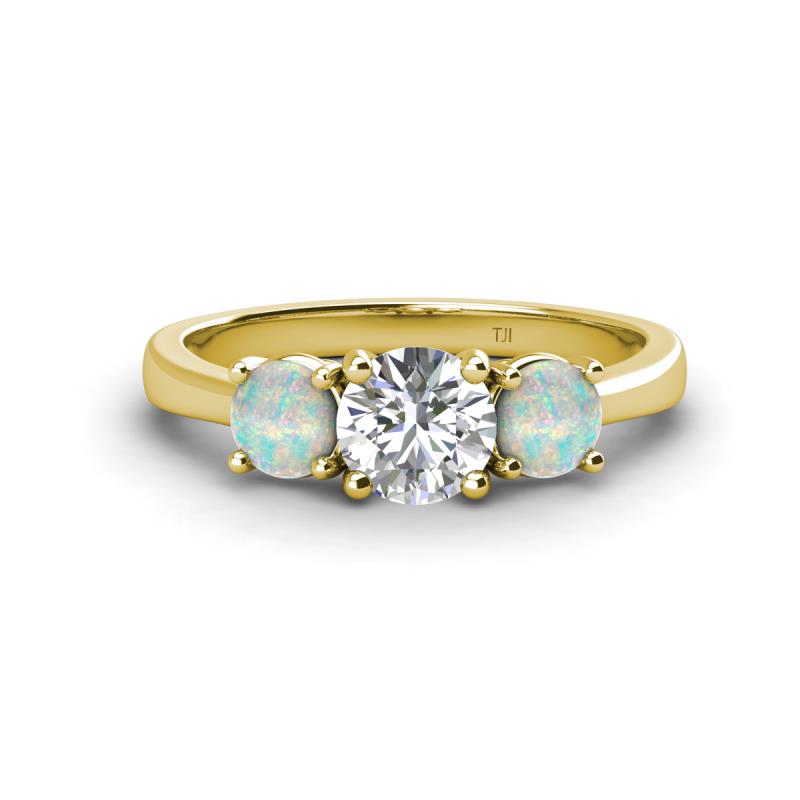 Quyen GIA Certified 1.70 ctw (6.50 mm) Round Natural Diamond and Opal Three Stone Engagement Ring 
