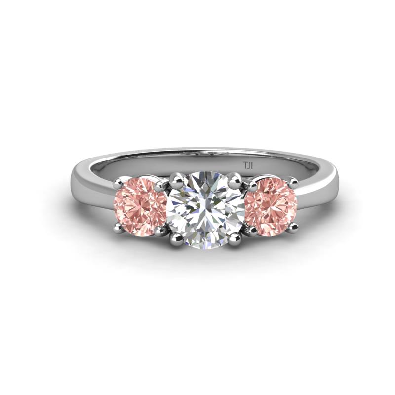 Quyen GIA Certified 1.96 ctw (6.50 mm) Round Natural Diamond and Morganite Three Stone Engagement Ring 