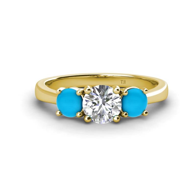 Quyen GIA Certified 1.72 ctw (6.50 mm) Round Natural Diamond and Turquoise Three Stone Engagement Ring 