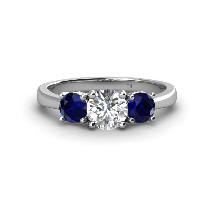 Quyen IGI Certified 2.40 ctw (6.50 mm) Round Lab Grown Diamond and Blue Sapphire Three Stone Engagement Ring 