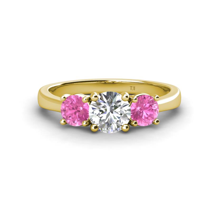 Quyen IGI Certified 2.05 ctw (6.50 mm) Round Lab Grown Diamond and Pink Sapphire Three Stone Engagement Ring 