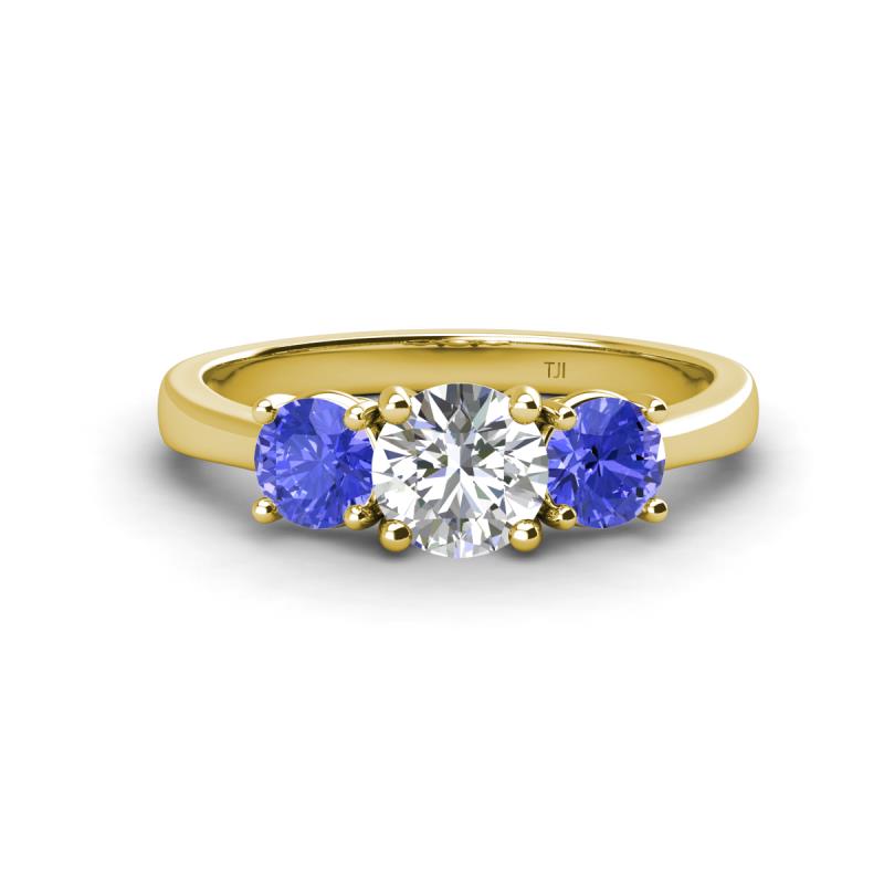 Quyen IGI Certified 1.94 ctw (6.50 mm) Round Lab Grown Diamond and Tanzanite Three Stone Engagement Ring 