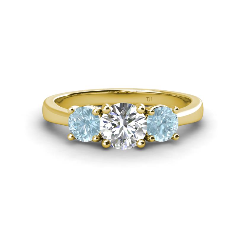 Quyen IGI Certified 1.80 ctw (6.50 mm) Round Lab Grown Diamond and Aquamarine Three Stone Engagement Ring 
