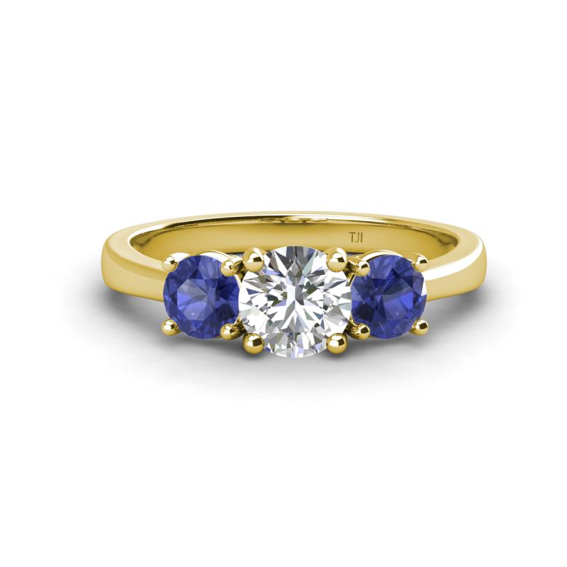 Quyen IGI Certified 1.80 ctw (6.50 mm) Round Lab Grown Diamond and Iolite Three Stone Engagement Ring 
