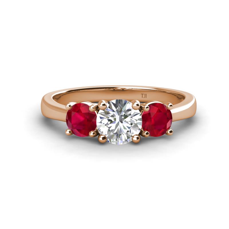 Quyen IGI Certified 2.10 ctw (6.50 mm) Round Lab Grown Diamond and Ruby Three Stone Engagement Ring 