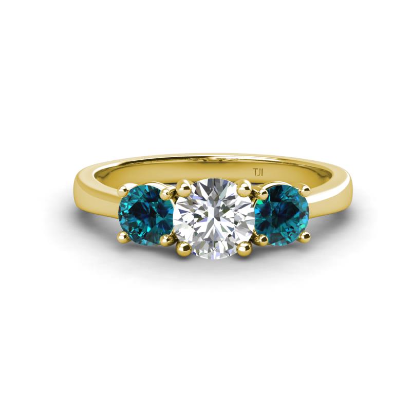 Quyen IGI Certified 2.00 ctw (6.50 mm) Round Lab Grown Diamond and Blue Diamond Three Stone Engagement Ring 