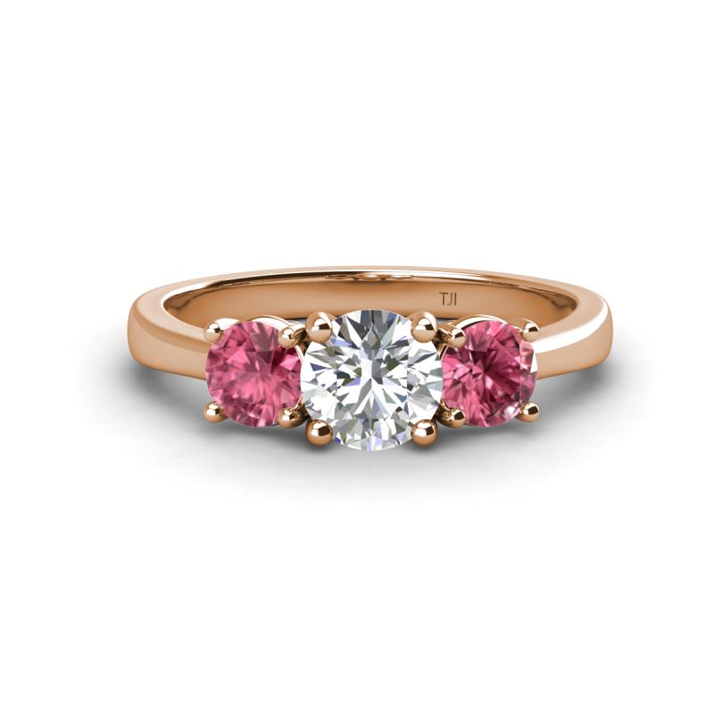 Quyen IGI Certified 1.80 ctw (6.50 mm) Round Lab Grown Diamond and Pink Tourmaline Three Stone Engagement Ring 