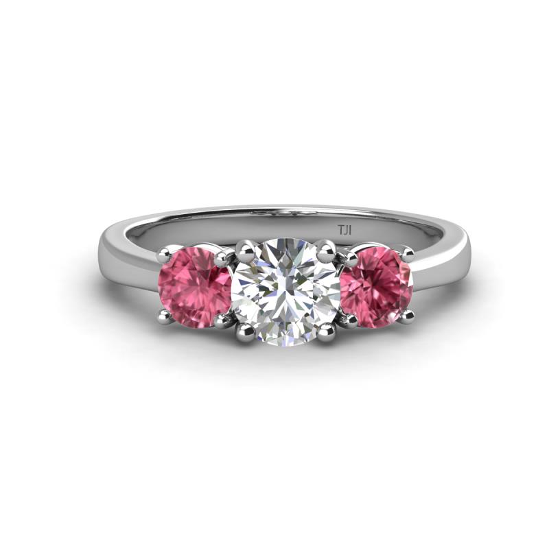 Quyen IGI Certified 1.80 ctw (6.50 mm) Round Lab Grown Diamond and Pink Tourmaline Three Stone Engagement Ring 