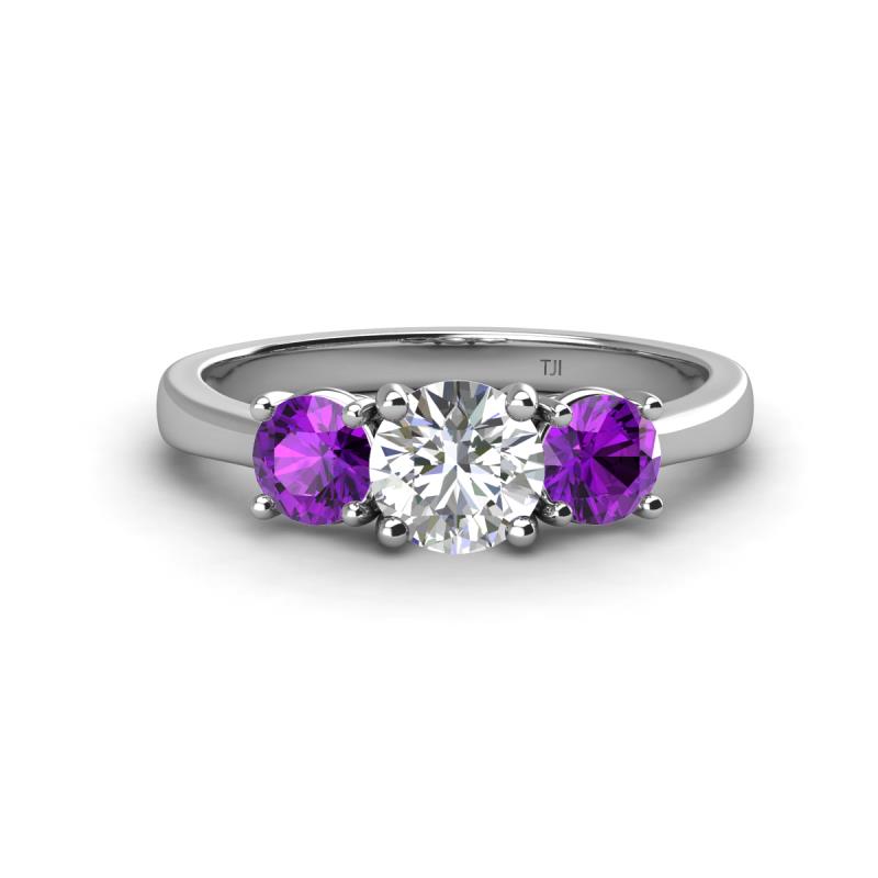 Quyen IGI Certified 1.80 ctw (6.50 mm) Round Lab Grown Diamond and Amethyst Three Stone Engagement Ring 