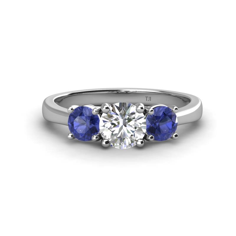 Quyen IGI Certified 1.80 ctw (6.50 mm) Round Lab Grown Diamond and Iolite Three Stone Engagement Ring 