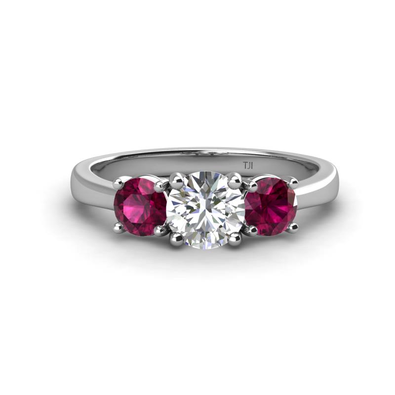 Quyen IGI Certified 2.00 ctw (6.50 mm) Round Lab Grown Diamond and Rhodolite Garnet Three Stone Engagement Ring 