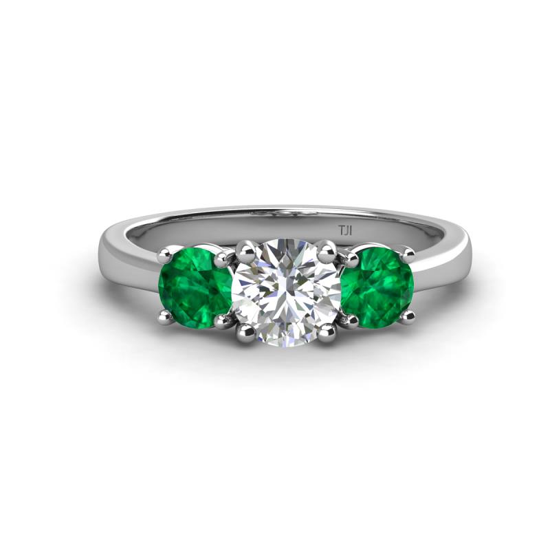 Quyen IGI Certified 1.80 ctw (6.50 mm) Round Lab Grown Diamond and Emerald Three Stone Engagement Ring 
