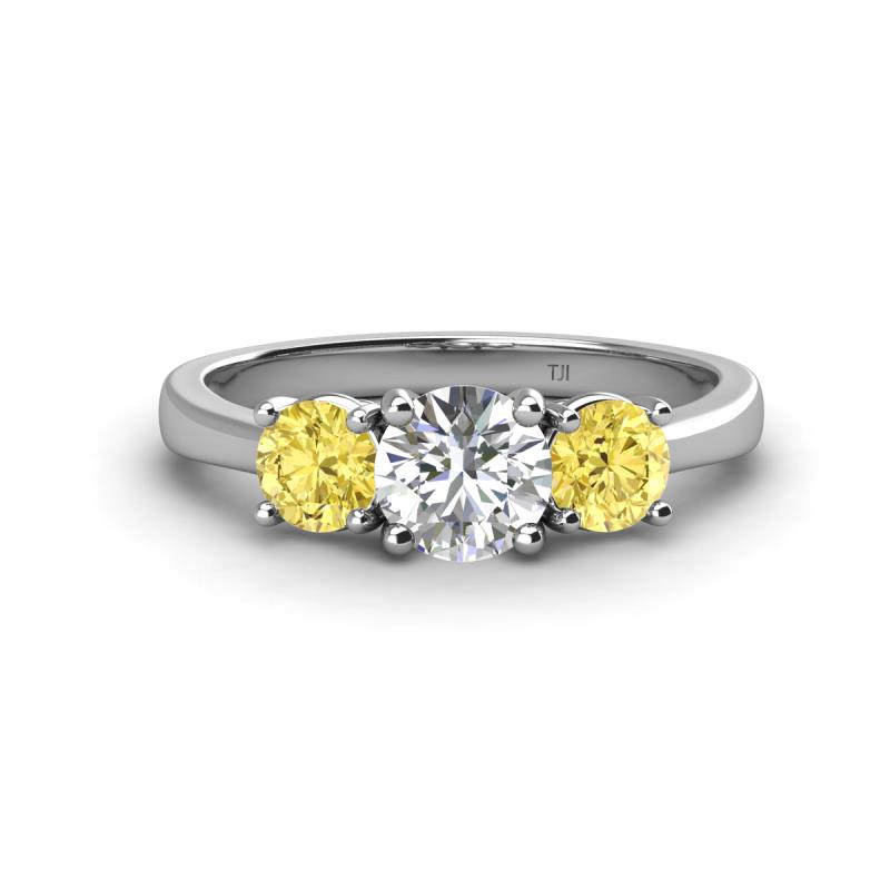 Quyen IGI Certified 2.06 ctw (6.50 mm) Round Lab Grown Diamond and Yellow Sapphire Three Stone Engagement Ring 