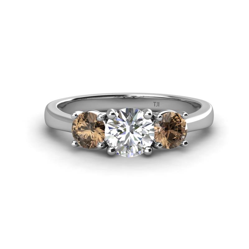 Quyen IGI Certified 1.95 ctw (6.50 mm) Round Lab Grown Diamond and Smoky Quartz Three Stone Engagement Ring 