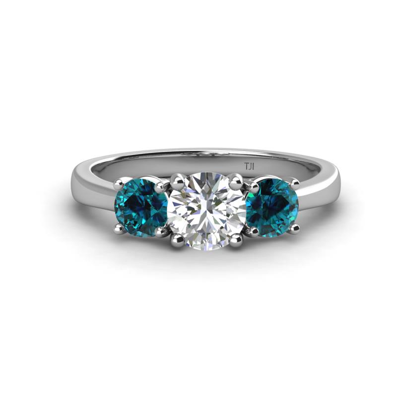 Quyen IGI Certified 2.00 ctw (6.50 mm) Round Lab Grown Diamond and Blue Diamond Three Stone Engagement Ring 