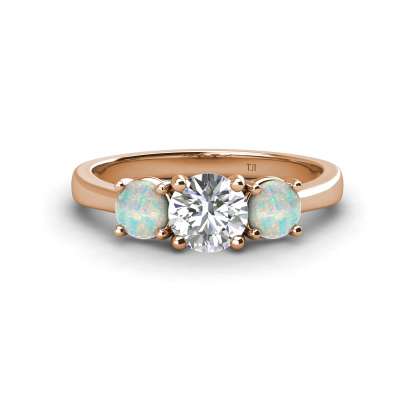 Quyen IGI Certified 1.70 ctw (6.50 mm) Round Lab Grown Diamond and Opal Three Stone Engagement Ring 