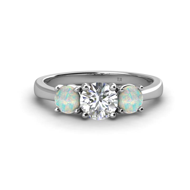 Quyen IGI Certified 1.70 ctw (6.50 mm) Round Lab Grown Diamond and Opal Three Stone Engagement Ring 
