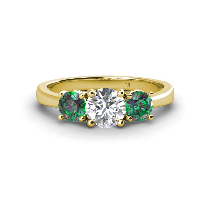 Quyen IGI Certified 2.10 ctw (6.50 mm) Round Lab Grown Diamond and Lab Created Alexandrite Three Stone Engagement Ring 