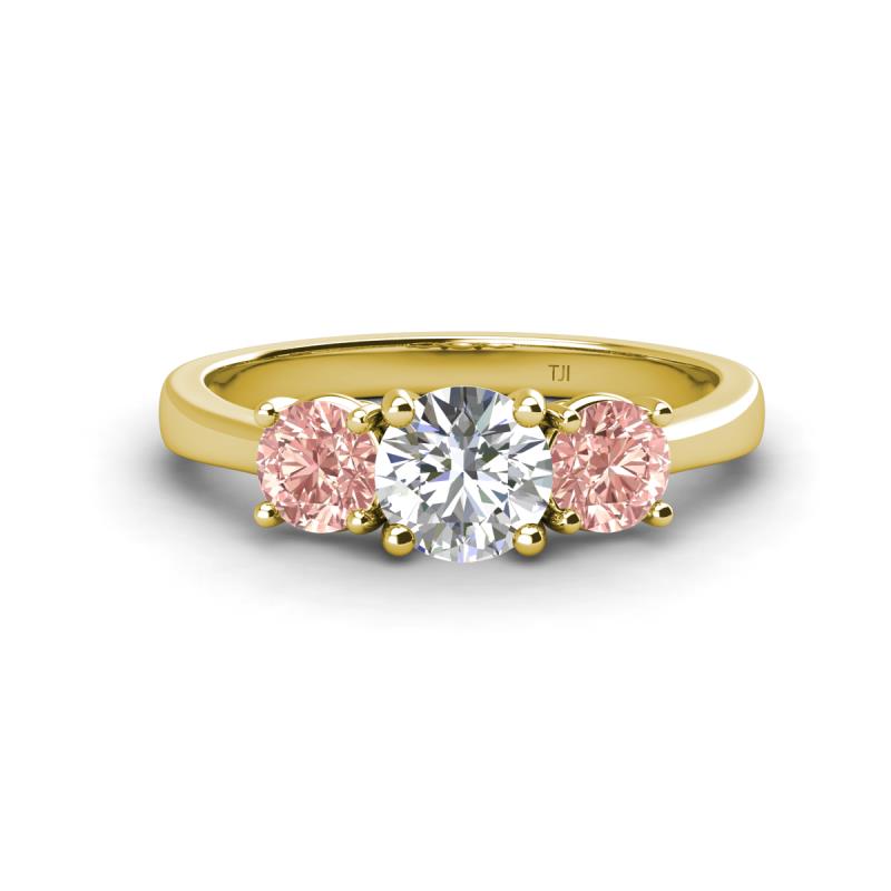 Quyen IGI Certified 1.96 ctw (6.50 mm) Round Lab Grown Diamond and Morganite Three Stone Engagement Ring 