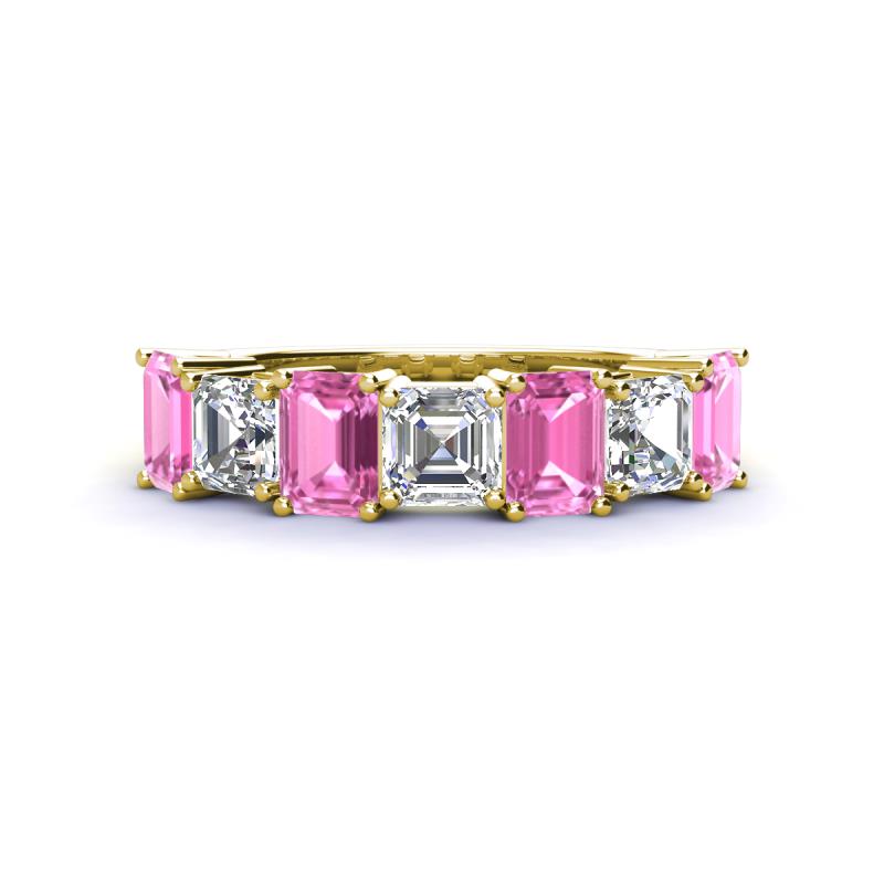 Aria Emerald Cut Pink Sapphire and Asscher Cut Diamond 7 Stone Wedding  Band 