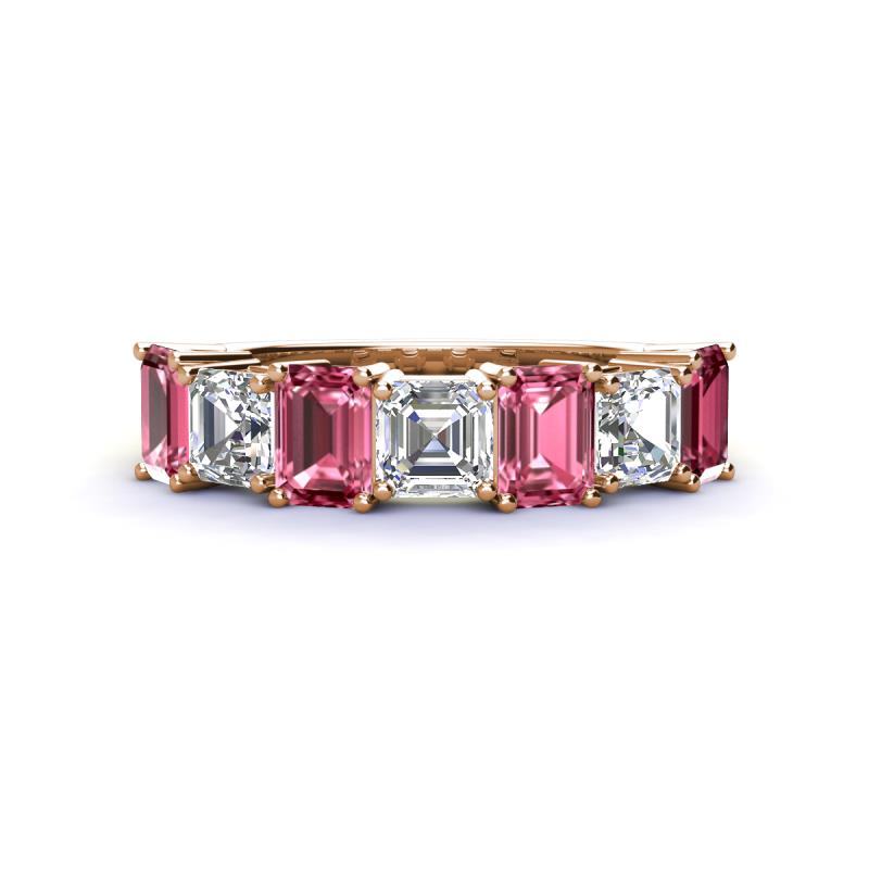 Aria Emerald Cut Pink Tourmaline and Asscher Cut Diamond 7 Stone Wedding  Band 