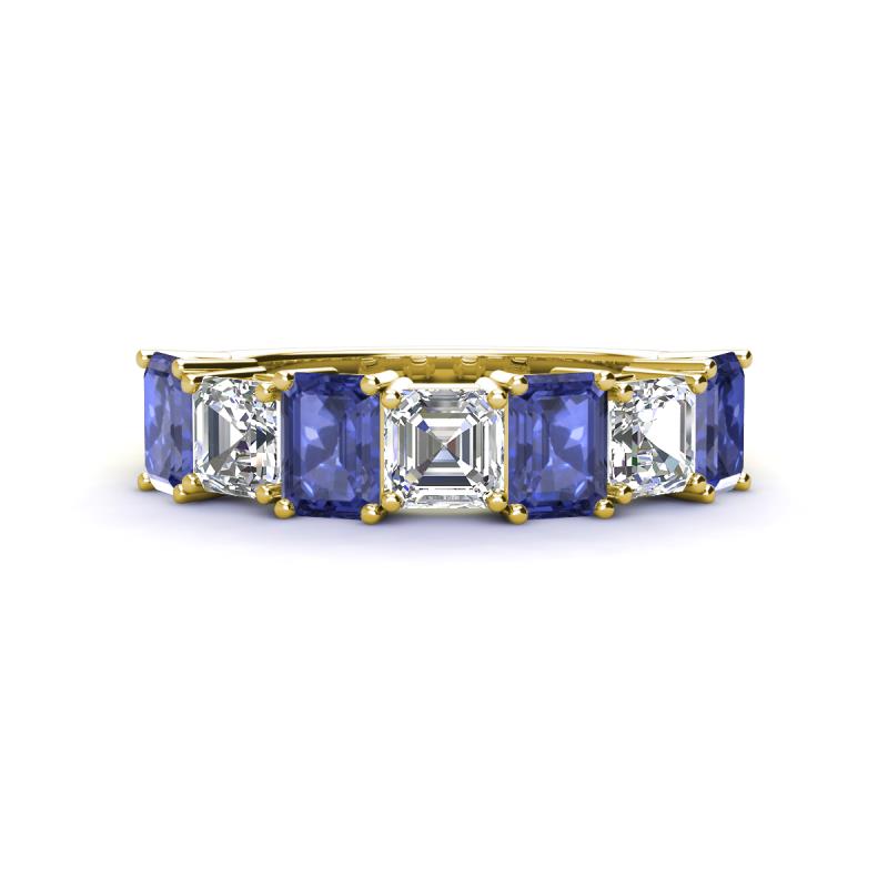 Aria Emerald Cut Iolite and Asscher Cut Diamond 7 Stone Wedding  Band 