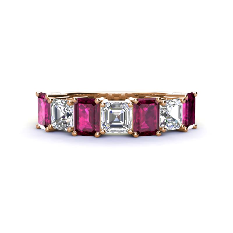 Aria Emerald Cut Rhodolite Garnet and Asscher Cut Diamond 7 Stone Wedding  Band 