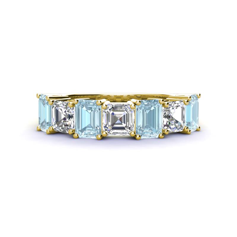 Aria Emerald Cut Aquamarine and Asscher Cut Diamond 7 Stone Wedding  Band 