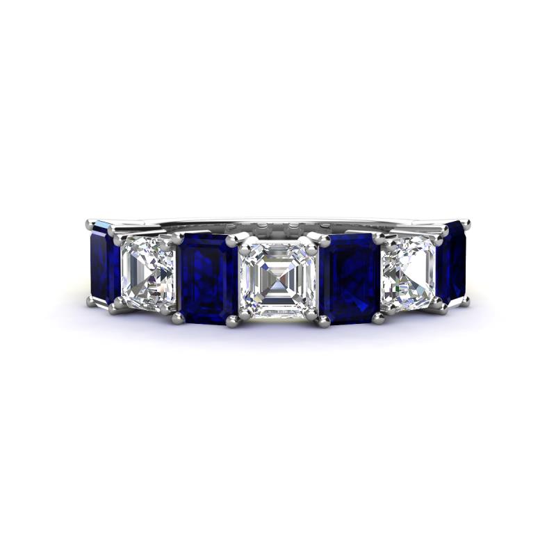 Aria Emerald Cut Blue Sapphire and Asscher Cut Diamond 7 Stone Wedding  Band 