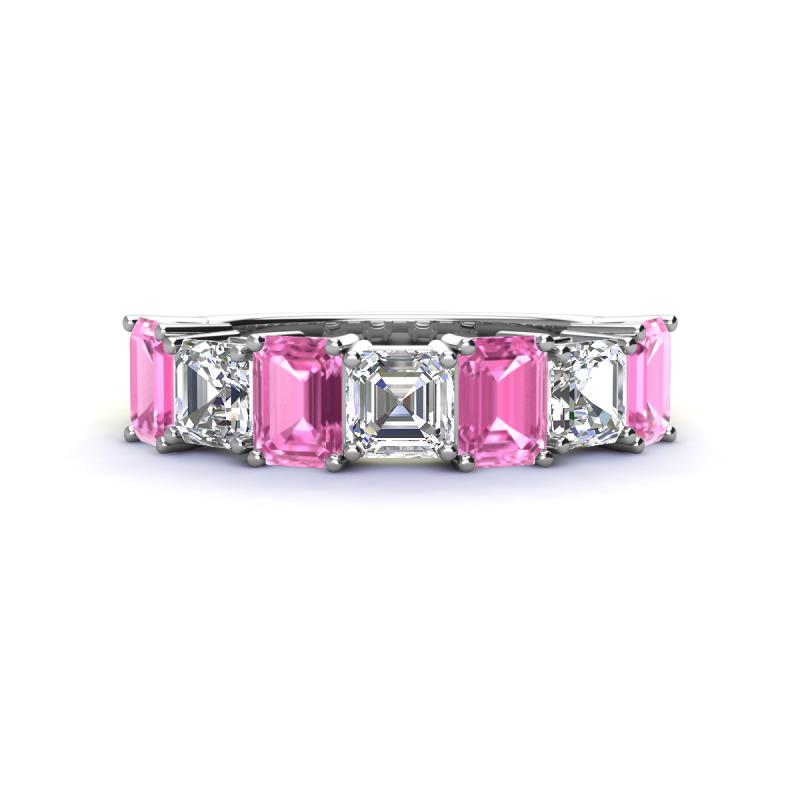 Aria Emerald Cut Pink Sapphire and Asscher Cut Diamond 7 Stone Wedding  Band 