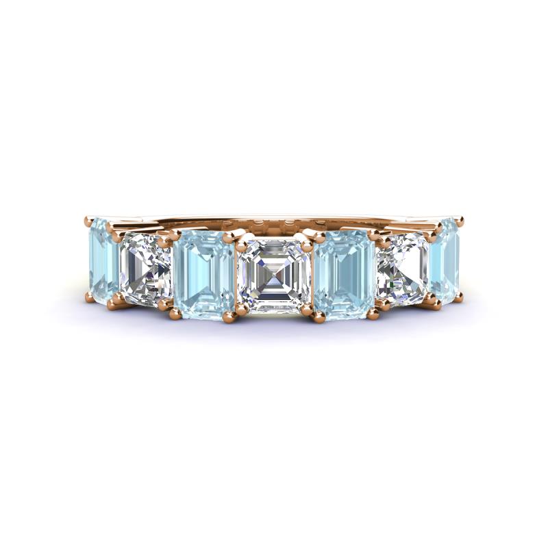 Aria Emerald Cut Aquamarine and Asscher Cut Diamond 7 Stone Wedding  Band 