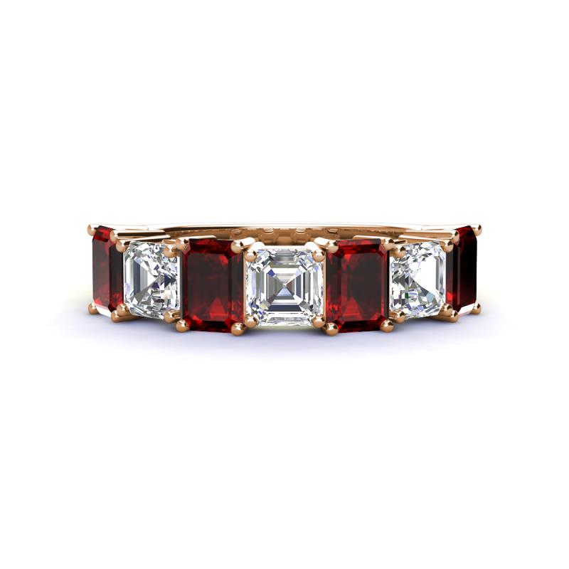 Aria Emerald Cut Red Garnet and Asscher Cut Diamond 7 Stone Wedding  Band 