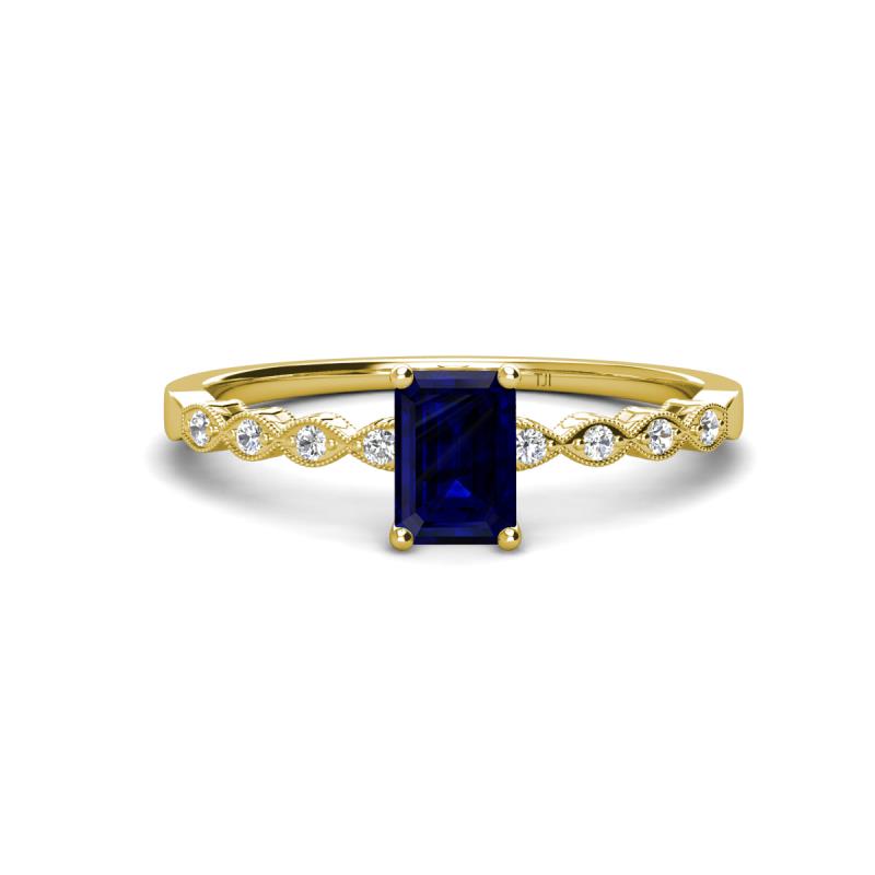 Amaira 7x5 mm Emerald Cut Blue Sapphire and Round Diamond Engagement Ring  
