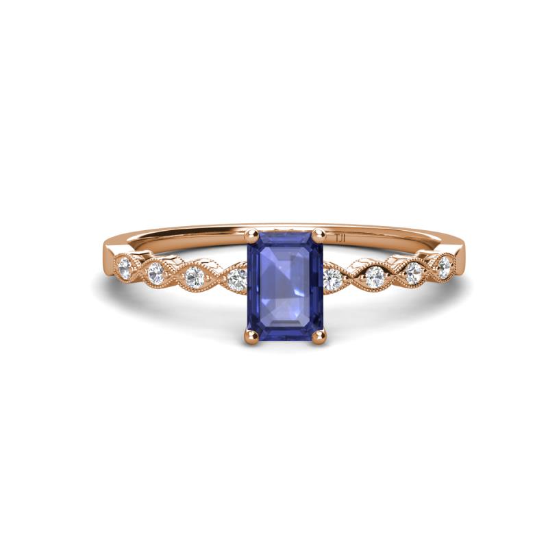 Amaira 7x5 mm Emerald Cut Iolite and Round Diamond Engagement Ring  