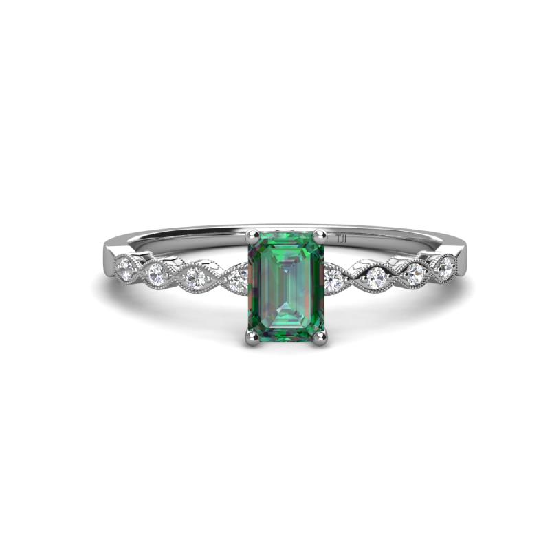 Amaira 7x5 mm Emerald Cut Lab Created Alexandrite and Round Diamond Engagement Ring  